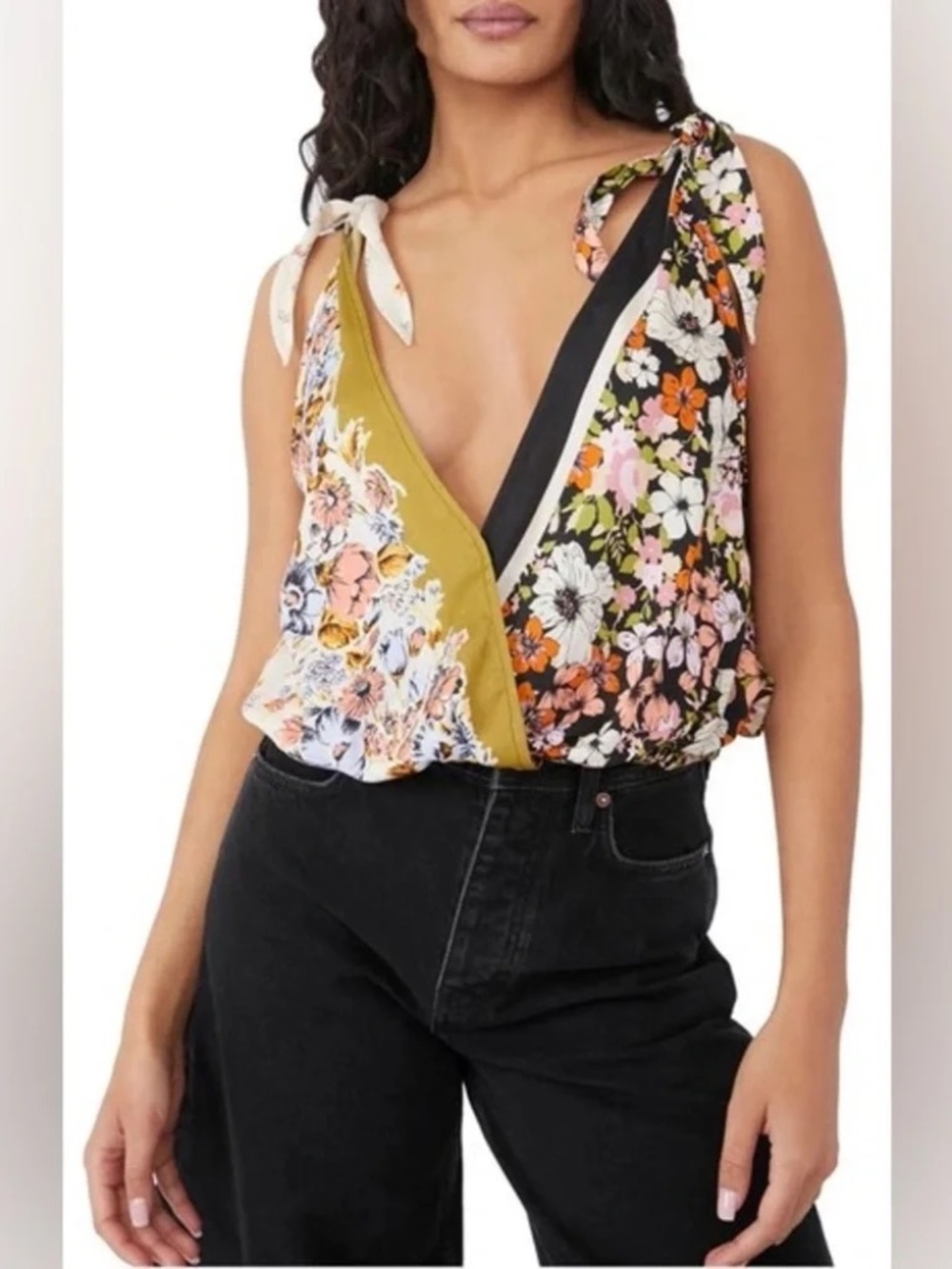Free People Tied To You Tank Top, Floral, Black, Orange and Green, Size Small